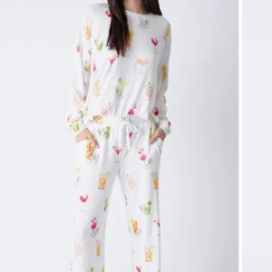 PJ SALVAGE Women's Sipping On Sunshine Pajamas XS White Yellow Pink Cozy EUC